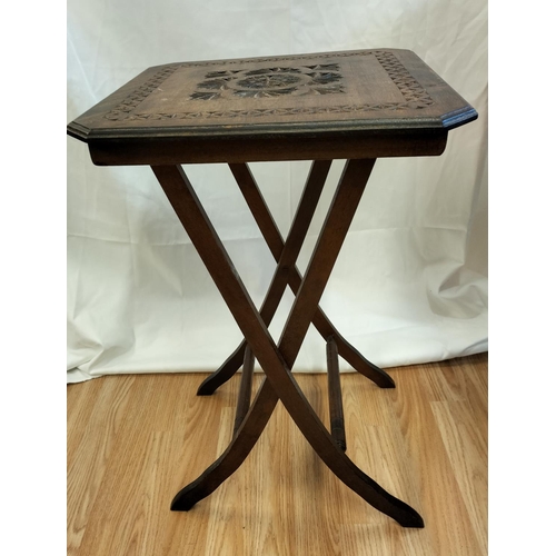 384 - Vintage Hand Carved Folding Table. 60cm High, 38cm x 38cm.