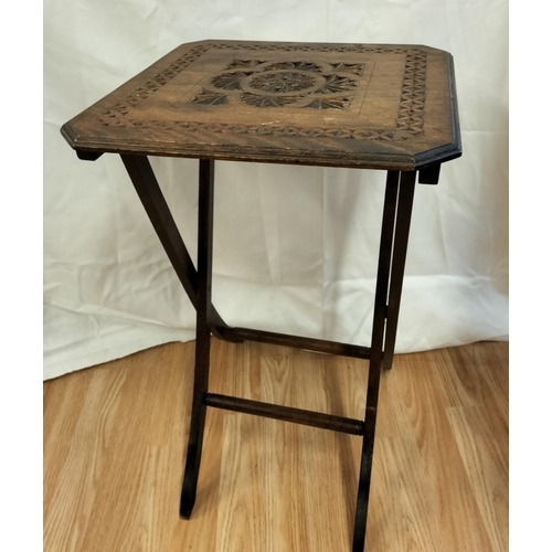384 - Vintage Hand Carved Folding Table. 60cm High, 38cm x 38cm.