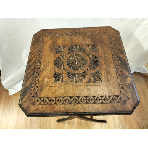 384 - Vintage Hand Carved Folding Table. 60cm High, 38cm x 38cm.