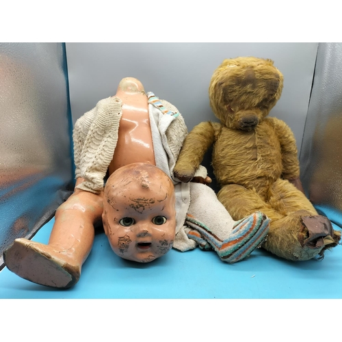 390 - Old Leather Pad Teddy in Need of TLC plus Early Glass Eyed Doll. Also needs Restoration and Re Strin... 