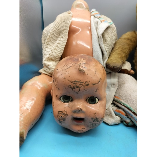 390 - Old Leather Pad Teddy in Need of TLC plus Early Glass Eyed Doll. Also needs Restoration and Re Strin... 