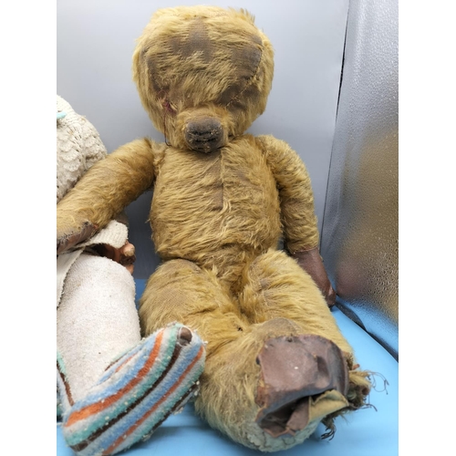 390 - Old Leather Pad Teddy in Need of TLC plus Early Glass Eyed Doll. Also needs Restoration and Re Strin... 