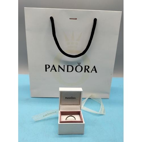 248 - Pandora Amethyst Set Love Heart Ring with Box and Bag. Stamped S925 ALE. Size 54.