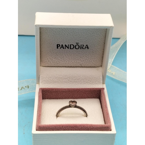 248 - Pandora Amethyst Set Love Heart Ring with Box and Bag. Stamped S925 ALE. Size 54.