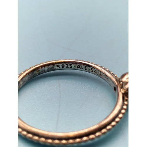 248 - Pandora Amethyst Set Love Heart Ring with Box and Bag. Stamped S925 ALE. Size 54.