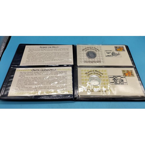 75A - Folder containing 4 x  Sterling Silver Coins with First Day Covers - Robert the Bruce, Owen Glendowe... 