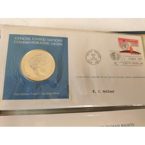 716 - 1973 Official United Nations Medallic First Day covers containing 5 x First Edition Sterling Silver ... 