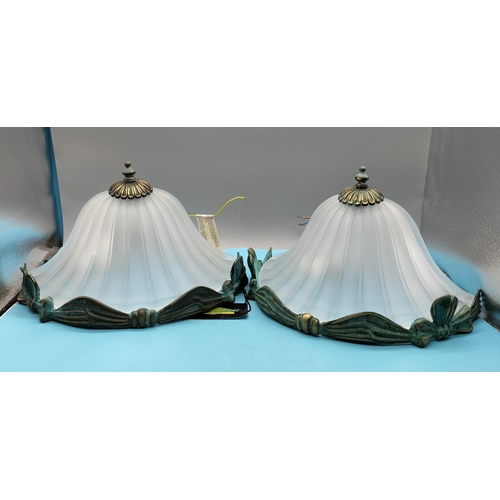 707 - Pair of Victorian Style Wall Lights. Cast Brass with Acid Frosted Glass. 20cm High, 31cm x 16cm.