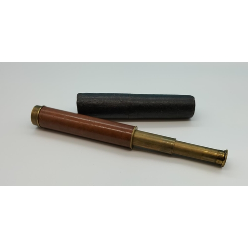 134 - 3 Section Leather Bound Brass Telescope in Tube Case.
