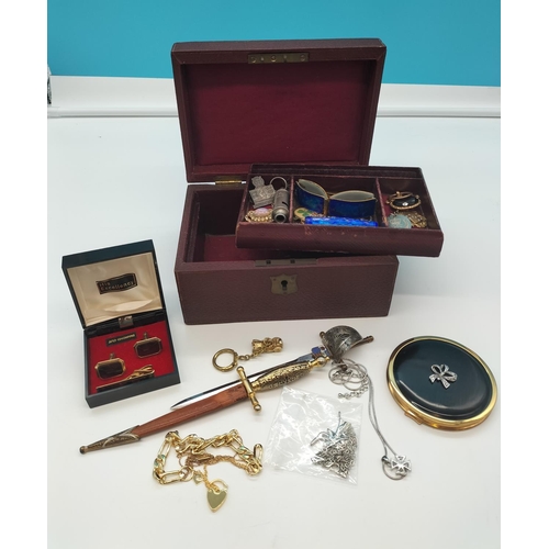 146 - Jewellery Box of Mixed Costume Jewellery, Letter Openers, Whistle, Badges, etc. Box Size 9cm High, 1... 