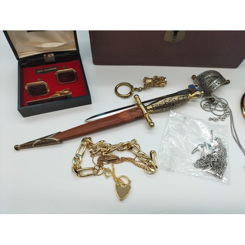 146 - Jewellery Box of Mixed Costume Jewellery, Letter Openers, Whistle, Badges, etc. Box Size 9cm High, 1... 