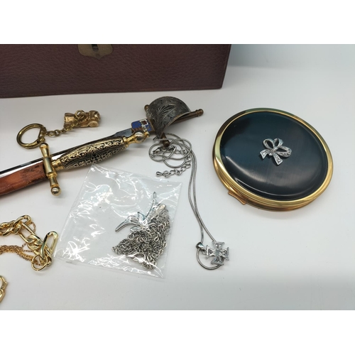 146 - Jewellery Box of Mixed Costume Jewellery, Letter Openers, Whistle, Badges, etc. Box Size 9cm High, 1... 