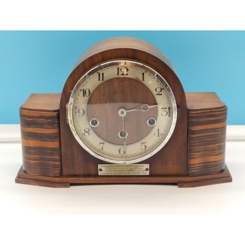 21 - 1930's Oak Cased Mantle Clock with Westminster Chimes. W/O. 21cm High, 34cm x 13cm.