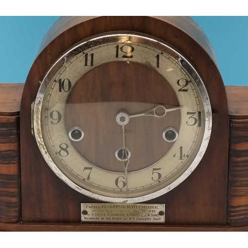 21 - 1930's Oak Cased Mantle Clock with Westminster Chimes. W/O. 21cm High, 34cm x 13cm.
