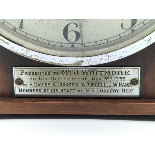 21 - 1930's Oak Cased Mantle Clock with Westminster Chimes. W/O. 21cm High, 34cm x 13cm.