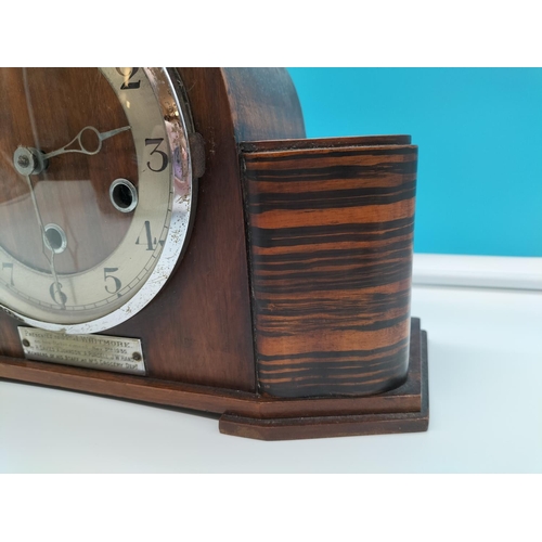 21 - 1930's Oak Cased Mantle Clock with Westminster Chimes. W/O. 21cm High, 34cm x 13cm.