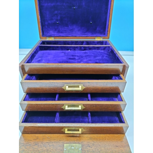 22 - Oak Three Drawer Box with Purple Velvet Lining. 21cm High, 31cm x 24cm.