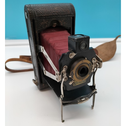 25 - Eastman Kodak Pocket Camera with Maroon Coloured Bellows and Brass Front. Cased.
