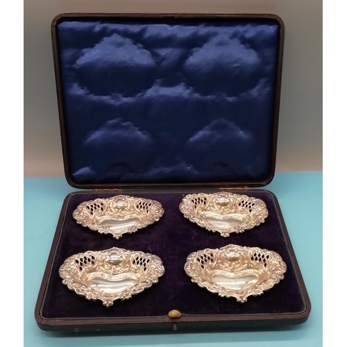 26 - Silver Hallmarked Set of 4 Heart Shaped Bon Bon Dishes in Presentation Case. 70.6Grams.