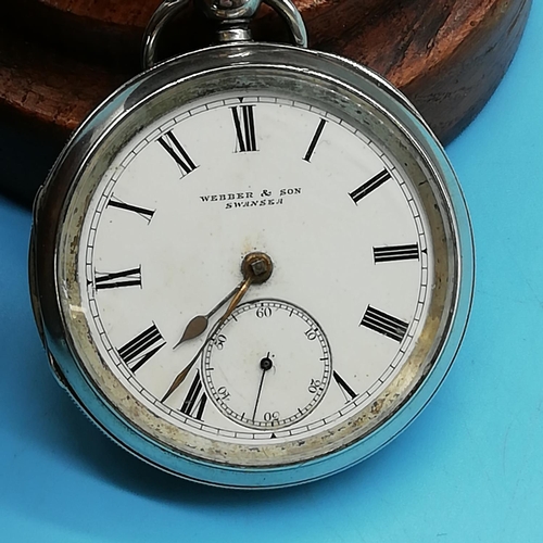 28 - Webber & Sons, Swansea Silver Cased Key Wound Pocket Watch with Oak Watch Stand. W/O. 12cm Tall. Dam... 