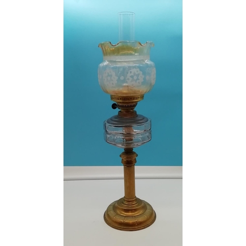 34 - Brass Columned Oil Lamp with Shade. Overall Height 66cm.