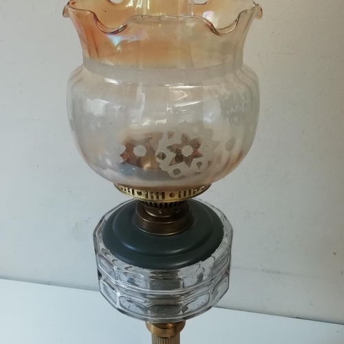 34 - Brass Columned Oil Lamp with Shade. Overall Height 66cm.