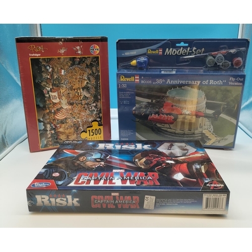 696 - New and Sealed Marvel Avengers Civil War Risk Board Game, Heye Jigsaw plus Revell 1:32 Scale Model S... 