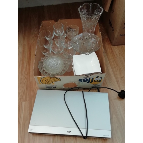 702 - Box of Mixed Glass, 6 x White 15cm Bowls plus Panasonic DVD/CD Player.