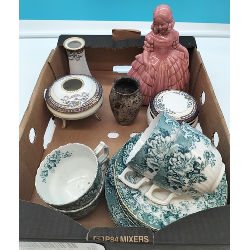 704 - Box of Mixed Pottery to include Part Dressing Table Set, Pink Lady Figure, Polished Stone Vase and 1... 