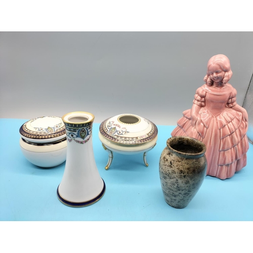 704 - Box of Mixed Pottery to include Part Dressing Table Set, Pink Lady Figure, Polished Stone Vase and 1... 