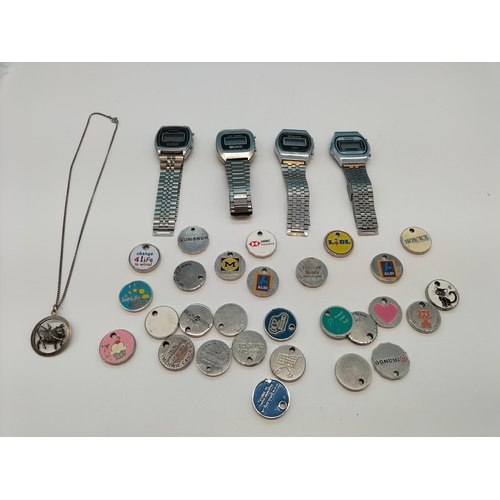 717 - Silver Chain with Taurus Bull Pendant, 4 x Digital Watches and Quantity of Shopping Trolley Tokens.