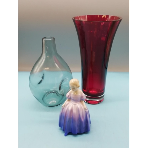 730 - 24cm Red Glass Vase, 'Dimple' Style Vase plus Royal Doulton 12cm Lady Figure 'Marie' HN 1370. Best Q... 