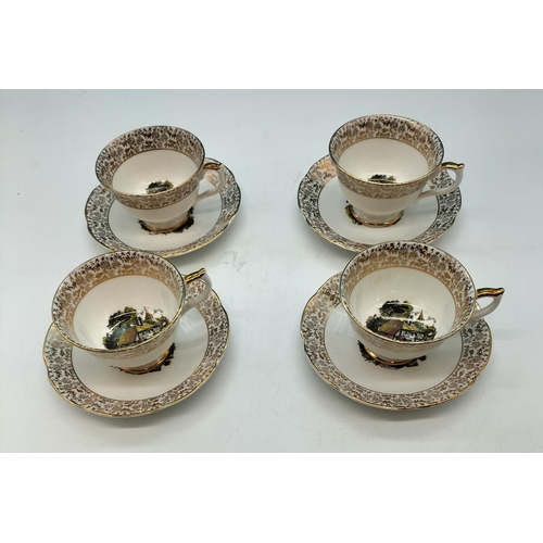 103 - English Bone China Cups and Saucers (4) in a Village Scenes Pattern.
