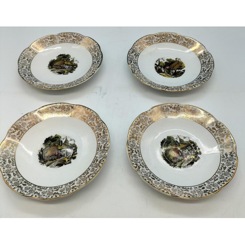 103 - English Bone China Cups and Saucers (4) in a Village Scenes Pattern.