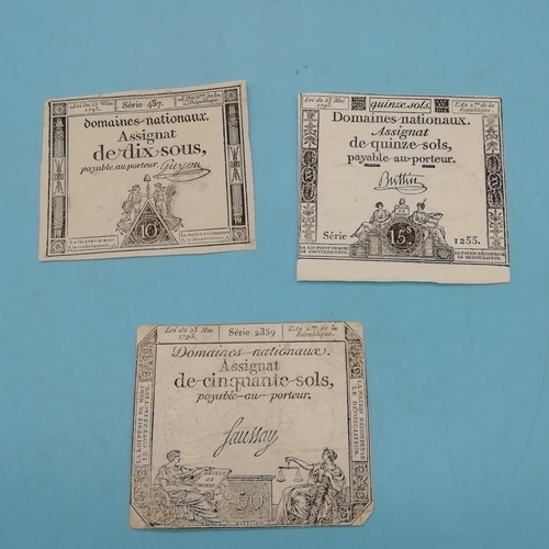20A - 1793 French Bank Notes (3) - Denominations 10, 15 and 50.