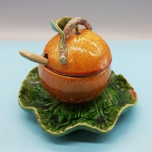 50A - Old Bordallo Pinheiro (Portugal) Majolica Orange Marmalade Pot and Spoon. 12cm High, 15cm Diameter. ... 