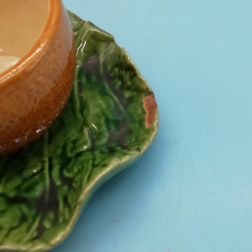 50A - Old Bordallo Pinheiro (Portugal) Majolica Orange Marmalade Pot and Spoon. 12cm High, 15cm Diameter. ... 