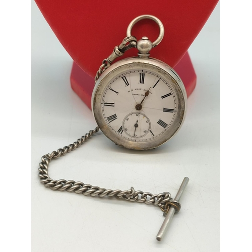 101 - H.E.Peck, London Swiss Made Silver Cased Pocket Watch plus Silver Hallmarked Albert Chain. Cracks on... 