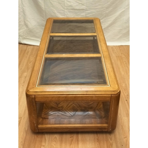 220A - Long John Oak Coffee Table with Marquetry to Bottom Shelf and 3 Bevelled Edged Glass Panels to Top. ... 