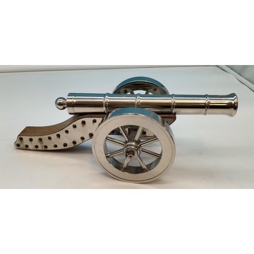 31 - Wood and Stainless Steel Cannon. 36cm Long, 12cm High.