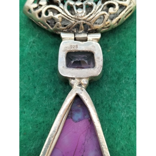 51 - 925 Silver Large Pendant set with Purple Stone. 8cm x 4cm.