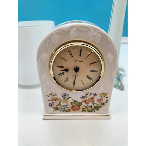 520 - Aynsley 'Cottage Garden' Mantle Clock plus 2 Pieces of White Glass. Tallest being 40cm.