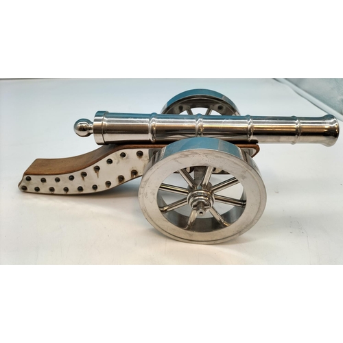 56 - Wood and Stainless Steel Cannon. 36cm Long, 12cm High.