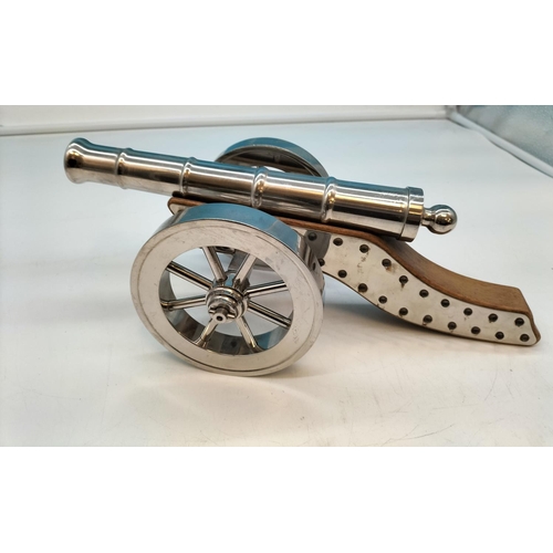 56 - Wood and Stainless Steel Cannon. 36cm Long, 12cm High.