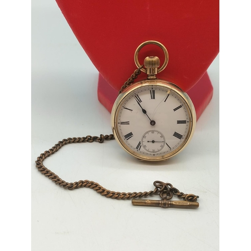 81 - Gold Plate Pocket Watch with 18ct Rolled Gold Chain. W/O. Crack to Dial.