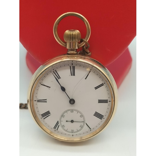 81 - Gold Plate Pocket Watch with 18ct Rolled Gold Chain. W/O. Crack to Dial.