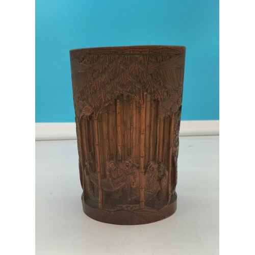 105A - Ornate Bamboo Carved Brush Holder. 18cm High, 12cm Diameter.