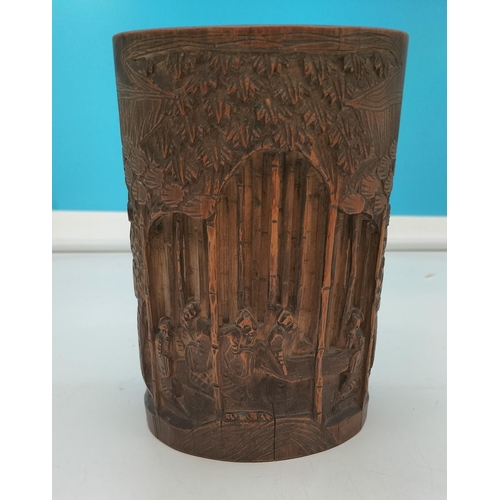 110A - Ornate Bamboo Carved Brush Holder. 18cm High, 12cm Diameter.