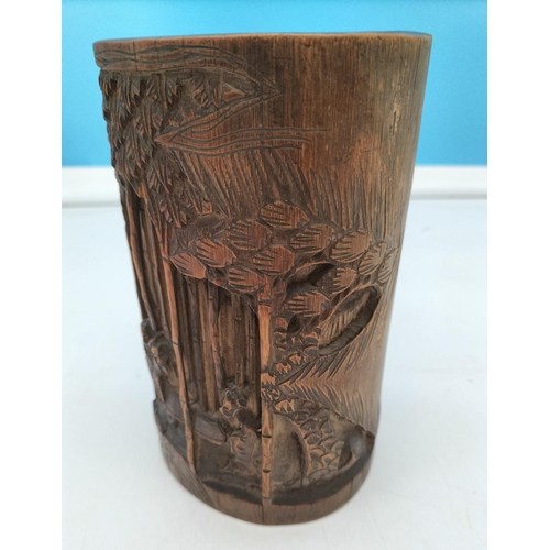 110A - Ornate Bamboo Carved Brush Holder. 18cm High, 12cm Diameter.