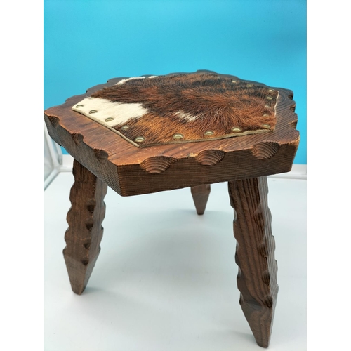 123 - Wooden Tri Legged Carved Stool. 36cm High x 34cm.